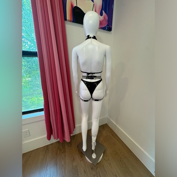 Black Vinyl Mesh Rhinestone Lingerie Set 4 Pieces, XS Custom - Picture 10 of 13